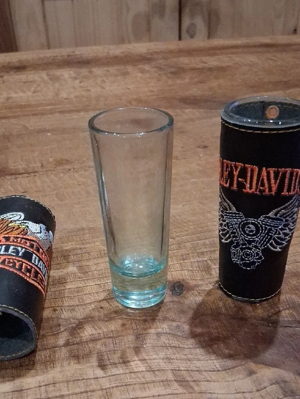Harley-Davidson Black Leather Shot Glass Covers with Orange & White Embroidery